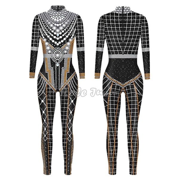 Robot Punk Jumpsuit Sexig Dam Cosplay Kostymer Fancy Halloween Fest Färgglad Utskrift Skelett Bodysuit För Män XL 9