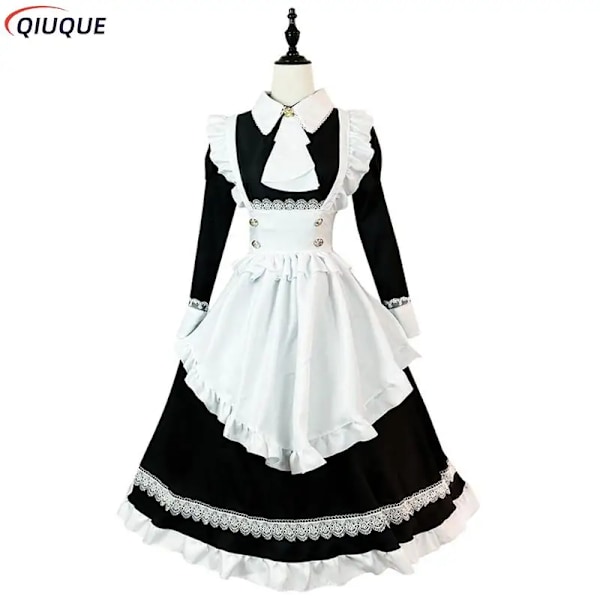Kvinnlig piga outfit Lolita klänning söt Kawaii café kostym svart vit män uniform lång förkläde klänning Mucama Cosplay kostym S Full Set