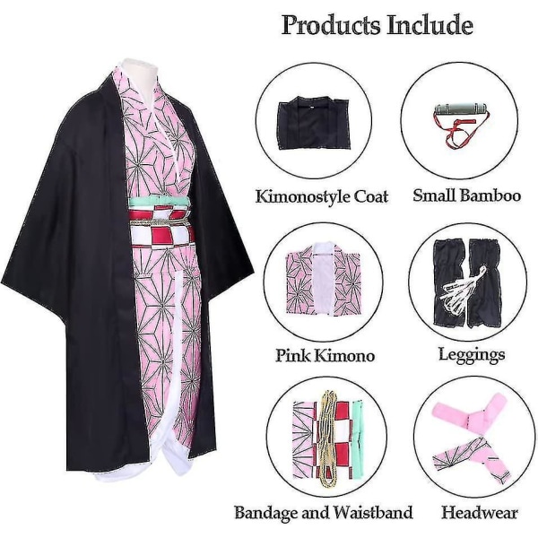 Kamado Nezuko Cosplay Anime Demon Slayer Nezuko Cosplay Dräkt Kimono Haori Peruk Kostym Kvinnor Män Vuxna Barn Halloween kostymer Costume and Wig Kids 120
