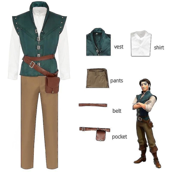 Flynn Rider Costume Trasslig Rapunzel Flynn Rider Prince Cosplay Kostym Uniform Kostym Halloween-kläder för vuxna män XS