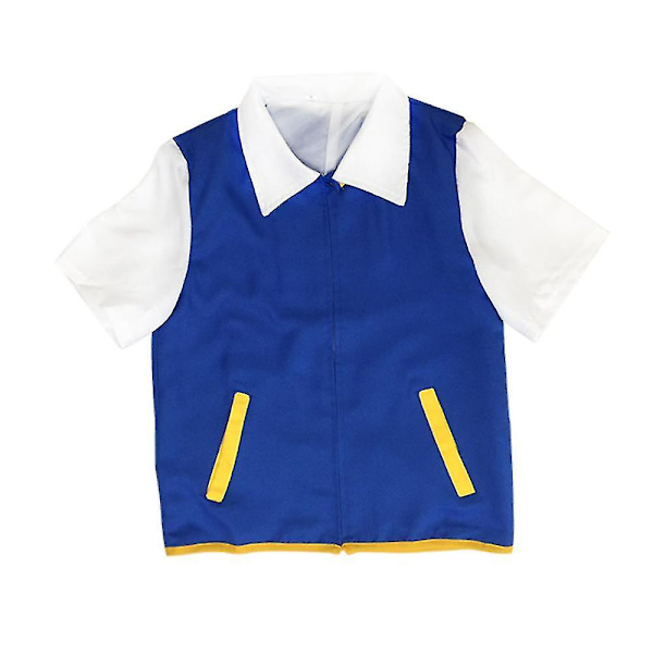 Kids Creative Cosplay Ash Ketchum Blue Jacket Anime Figur Rollspel Show Kläder Trainer Cap och handskar Set Top M