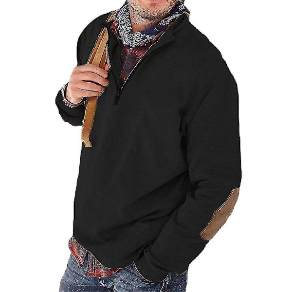 Män Långärmad Patchwork Sweatshirt Löströja Jumper Toppar Vinter Casual Work Sport Pullover Black L