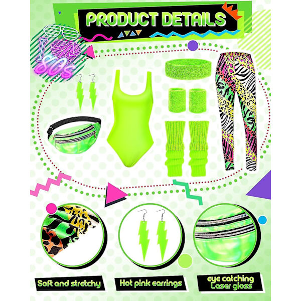 7 st 80-tals träningskostym 80- set 80-tals 90-tals Leotard Legging Pannband Armband Benvärmare Örhängen Fanny Pack Bright Zebra Large