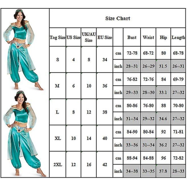 Kvinnors Halloween Aladdin Jasmine Princess Fancy Dress Carnival Cosplay Kostym Sky Blue L