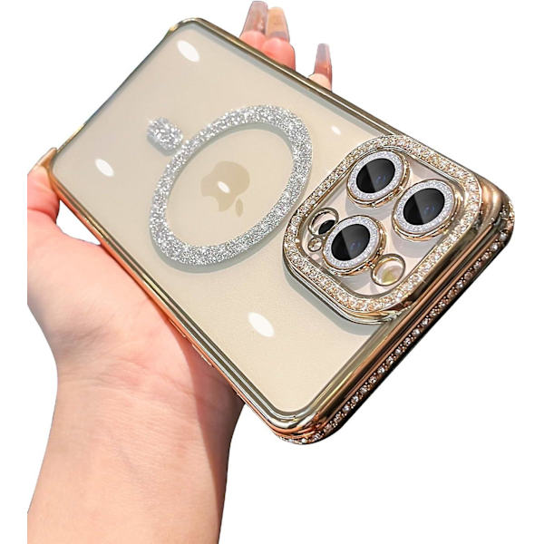 Magsafe Magnetic Luxury Plating Bling Rhinestones Diamond Sparkly Shockproof Case För Iphone 15 Pro Max 15 Ultra Gold