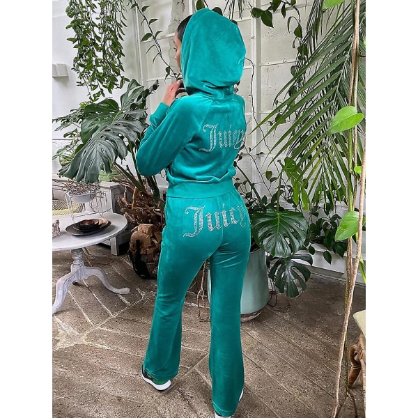 Velour Juicy Sömnadsdräkt Huvtröjor Sammet Dragkedja Sweatshirt Och Byxor Set Sportkläder 2023 Dam Vår/Höst Träningsoverall Crop Top Green L