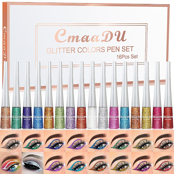 Cmaadu 16 förpackningar med färgglada glitter glitterpulver eyeliner paljett Flash eyeliner flytande null none