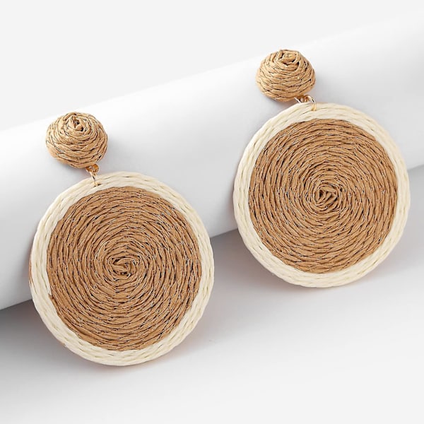 Bohemian Woven Straw Wicker Raffia Rotting Dingle Örhängen Geometriska Circle Round Drop Earrings brown staw