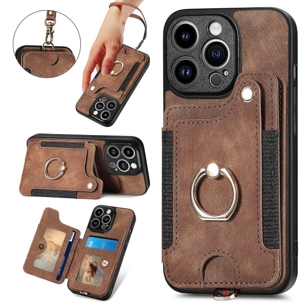 Plånbok Rfid Kreditkortshållare Ring Stativ Phone case För Iphone 15 Pro/15 Pro Max 15 Ultra Med handledsrem Brown iPhone 15 Pro Max