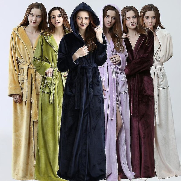 Kvinnor Män Vinter Plus Size Flanellrock Extra lång Huva Varm Morgonrock Lovers Tjock Kimono Badrock Man Morgonrock Robes men purple L