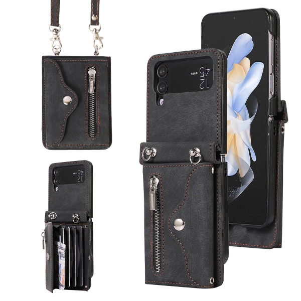 Kickstand phone case för Samsung Galaxy Z Flip4 5g Rfid blockerande kortväska Pu läder+tpu cover Black