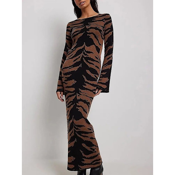 Sommar Kvinna Randig Stickad Maxi Kläder Elegant O-ring Flare Långärmad Bodycon Kläder Dam Mode Streetwear Party Kläder Black 01 M