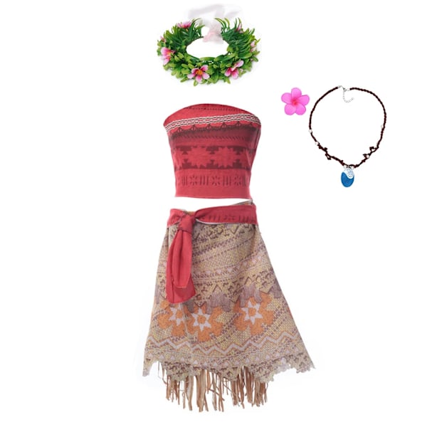 Moana Klänningar Flickor Barnkläder Cosplay Vaiana Prinsessklänning Halsband Peruk Barn Karneval Fest Sommar Disney Kostym Set Garland 11-12T(160)