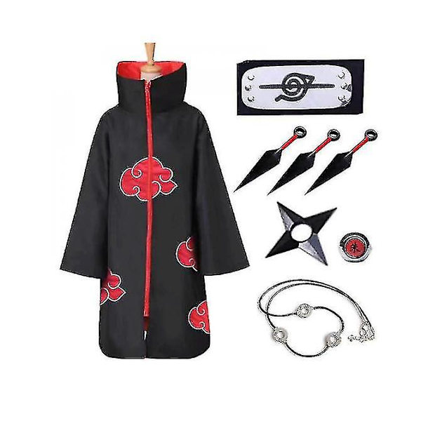 Akatsuki Cloak Anime Cosplay Kostym Kit Itachi Robe Halloween Cosplay Long Cape 8 delar Set M
