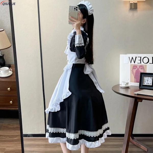 Kvinnlig piga outfit Lolita klänning söt Kawaii café kostym svart vit herr uniform lång förkläde klänning Mucama Cosplay kostym XXXL Full Set