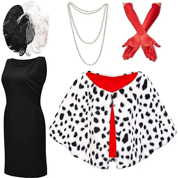 Cruella Cosplay Kostymer Anime Scarf Cape Svart och Vit Häxkappa Peruk Dräkt Halloween Karneval Rollspel XL Full set 1