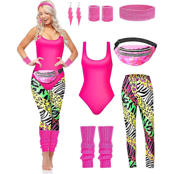 7 st 80-tals träningskostym 80- set 80-tals 90-tals Leotard Legging Pannband Armband Benvärmare Örhängen Fanny Pack Zebra Print Large