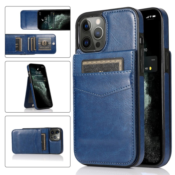 Läderbelagd Tpu Kickstand Case För Iphone 12 Pro Max, Korthållare Mobiltelefon Cover Dark Blue