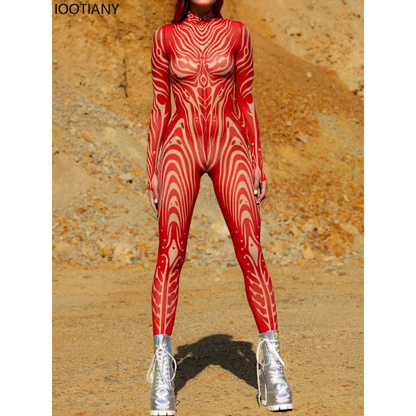 Kvinnor Röd Phantom Mesh Jumpsuit Trä Skal Mesh Bodysuit Halloween Zentai Suit Utomhus Äventyr Tema Fest Catsuit Rave Outfi XL 723-B