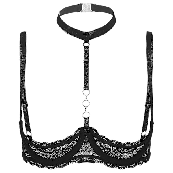 Dam 1/4 kopp bygel BH Halter Neck O Ring Skir Spets Push Up BH Underkläder Öppen BH Underkläder M Purple D