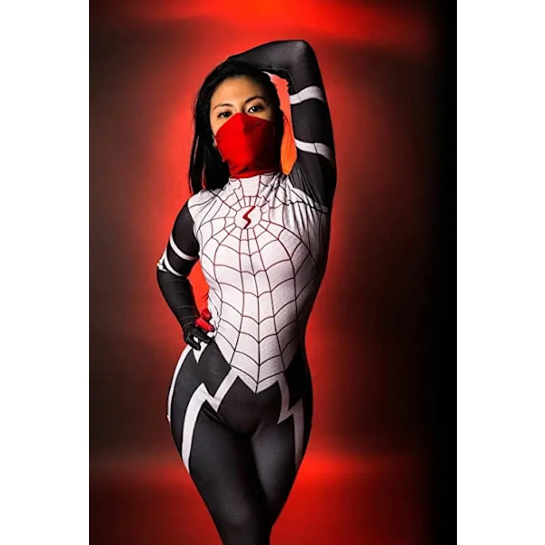 Vuxna kvinnor Cindy Moon Silk Spiderman Cosplay Costume Flickor Kvinnor Superhjälte Zentai Halloween Bodysuit Fest Jumpsuit L A