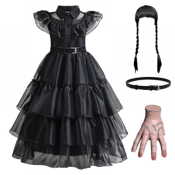 Barn Flickor Onsdag The Addams Family Costume Halloween Klänning Födelsedagsfest Dress Belt Wig Hand 140cm