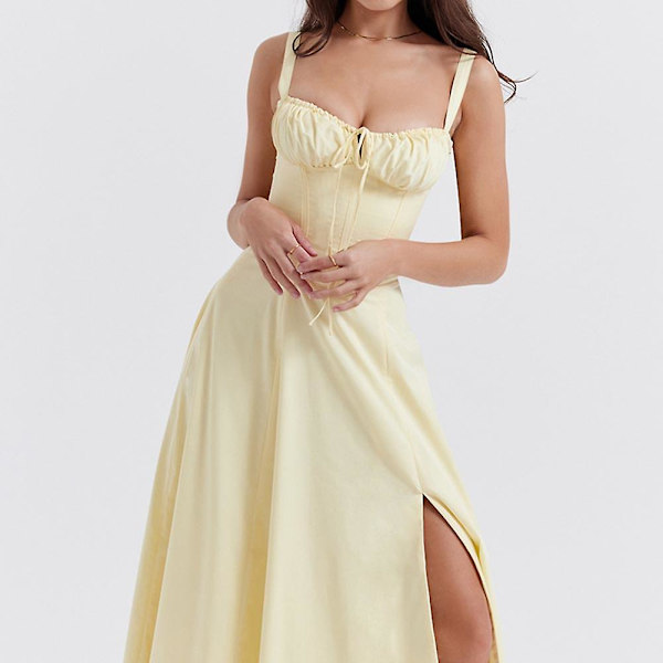 Mode Print Bustier Sundress Dragsko Lace Ärmlös klänning för kvinnor ljusgul M