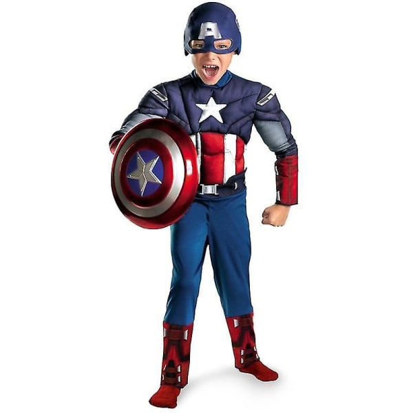 Kids Superhero Captain America Dräkt Pojkar Halloween Cosplay Dräkt Jumpsuit Cap Kit S(110-120cm)