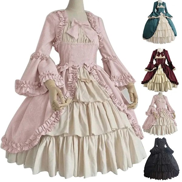 Söt Cosplay Svart Kvinnor Lolita Lady Retro Fyrkantig Hals Tight Midja Bowknot Medeltida Klänning Klänning Festdräkt Fairy Vestidos M green