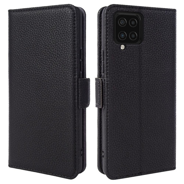 För Samsung Galaxy F22 Fallsäker äkta kohud läder cover Litchi Texture Plånbok Phone case Black