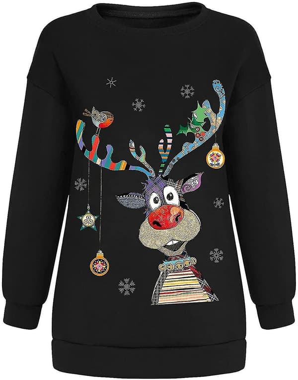 Christmas Sweatshirt Crewneck Pullover Långärmad Lösa Toppar Älg Print Skjorta Black M
