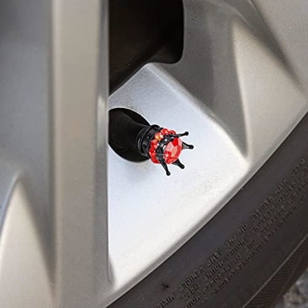 4 delar Crown Tire Ventil Stamkapsyler Bling Handgjorda Crystal Rhinestone Universal Chrome Crown Fordonsdäckslock för fordon, attraktiv åtkomst Red and Black