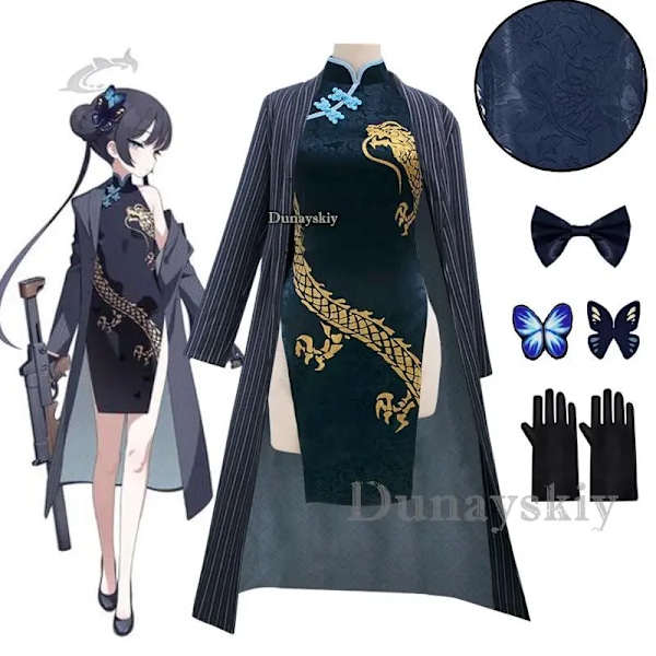 Game Anime Blue Archive Cosplay Kisaki Ytterkläder Qipao Vindjacka Handskar Peruk Huvudbonad Kostym Full Set Halloween Karneval Kostym XXXL PROPS
