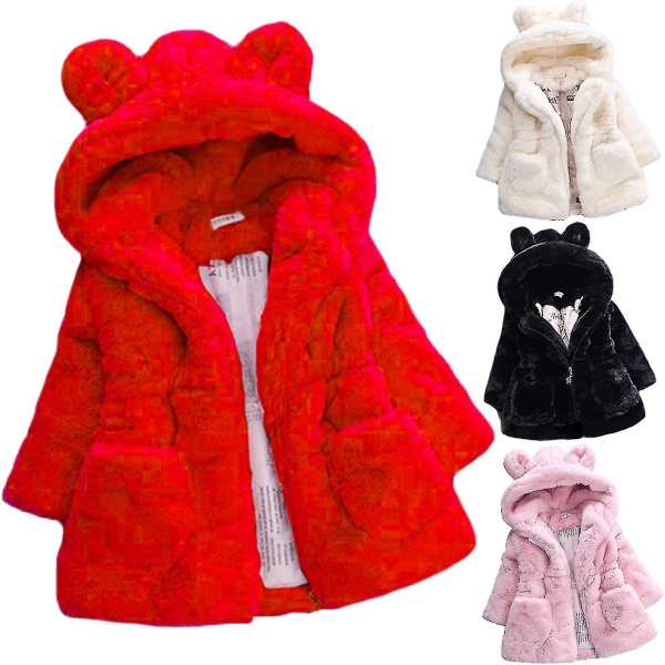 Barn Flickor Fluffig fuskpäls Hooded Parka Coat Fleece Tjock Jacka Vinter Ytterkläder Red 2-3 Years
