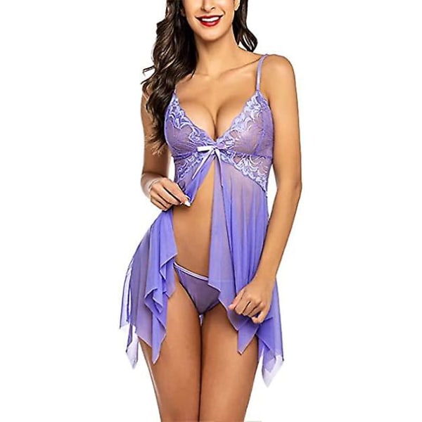 Damunderkläder Set Mjuk Babydoll Spetskopp Sling Nattkläder Mesh Chemise Sovkläder Klänning Light Purple S