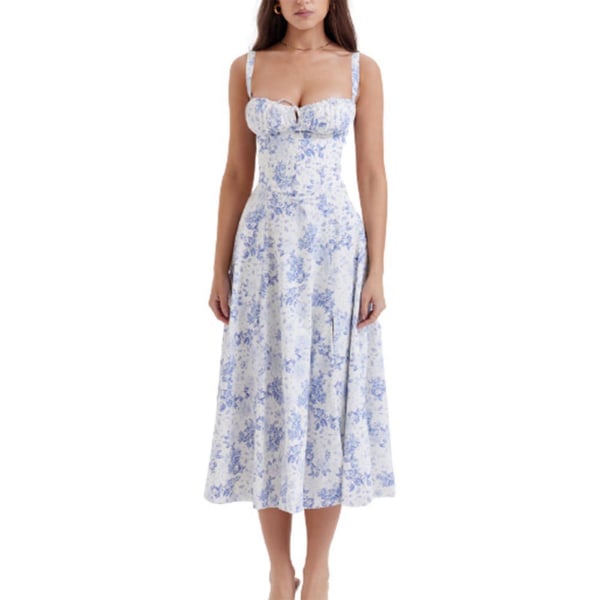 Mode Print Bustier Sundress Dragsko Lace Ärmlös klänning för kvinnor blå blomma S