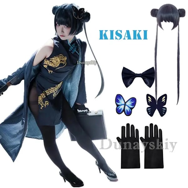 Game Anime Blue Archive Cosplay Kisaki Ytterkläder Qipao Vindjacka Handskar Peruk Huvudbonad Kostym Full Set Halloween Karneval Kostym XS FULL SETS
