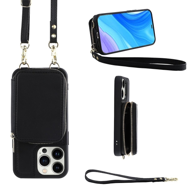 Crossbody dragkedja Case Kompatibel med Iphone 15 Pro Max, Pu Läder Stötsäkert cover med handledsrem & korthållare Black For iPhone 15 Pro Max