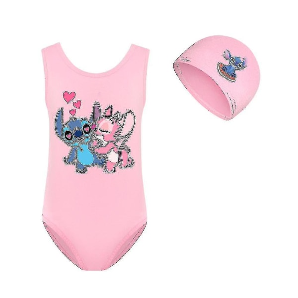 Stitch Flickor Baddräkt Ett stycke Badkläder Mode Lilo Och Stitch Badkläder För Barn Sommar Baddräkter + Cap 130cm svart