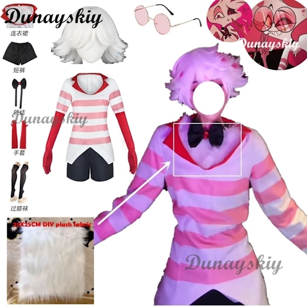 Angel Dust Cosplay Fantasy Anime Cartoon Förklädnad Kostym Handskar Fluga Rosa Klänning Outfit Kvinnor Halloween Rollspel Kläder XXXL C1W1P1P2