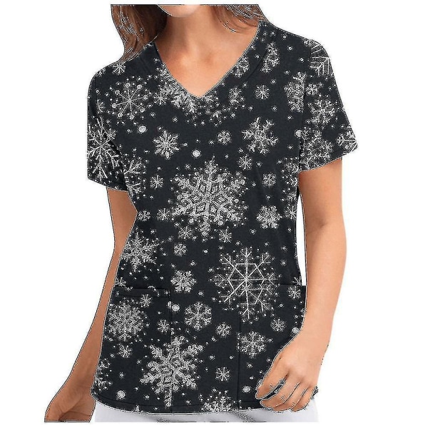 Jul Kvinnor Amningsuniform Scrub Kortärmad T-shirt Xmas Blus Tee Tops V-ringad Dark Black M