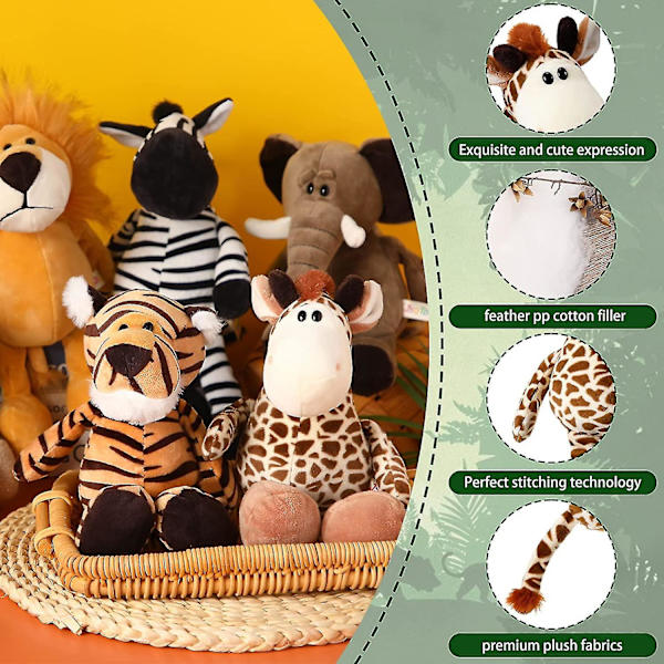 6 delar Safari gosedjur Plysch djungel djurleksaker set för pojkar Flickor, söt lejon elefant Zebra giraff tiger apa för djurtema