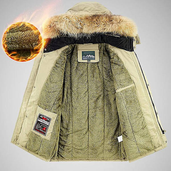 Vinterförtjockade varma dunrockar för män Vindtät och vattentät pufferjacka med huva Khaki 4XL
