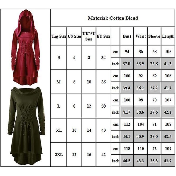 Renässansdräkt för damer, vintage gotisk huvdräkt massiv lång luvtröja klänning med snörning 2XL Army Green