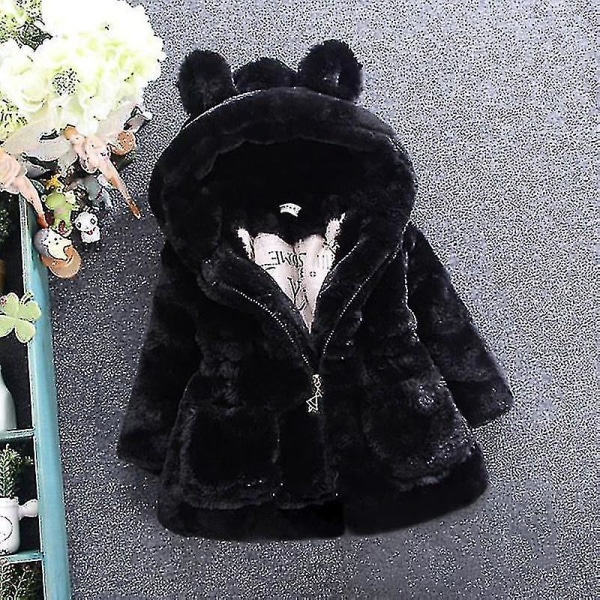 Barn Flickor Fluffig fuskpäls Hooded Parka Coat Fleece Tjock Jacka Vinter Ytterkläder Black 2-3 Years