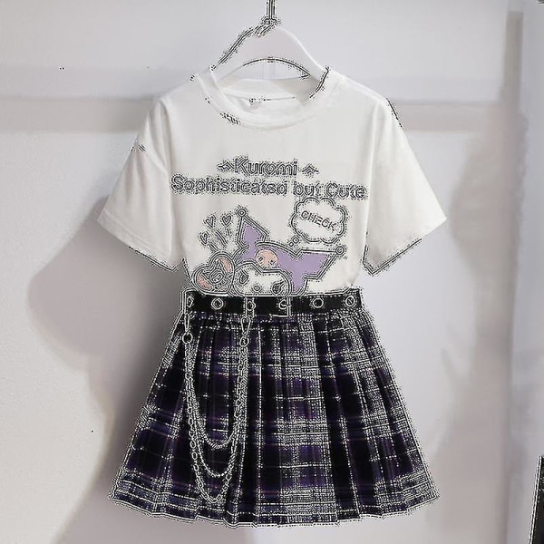 Sanrios Cartoon Kawaii Flickor Vit T-shirt Kostym Kuromi Söt Sommar Kortärmad College Jk Uniform Kjol Barn Fashionabla Kjol Kuromi1 150cm