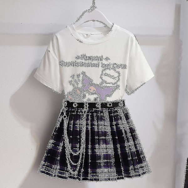Sanrios Cartoon Kawaii Flickor Vit T-shirt Kostym Kuromi Söt Sommar Kortärmad College Jk Uniform Kjol Barn Fashionabla Kjol Kuromi4 130cm