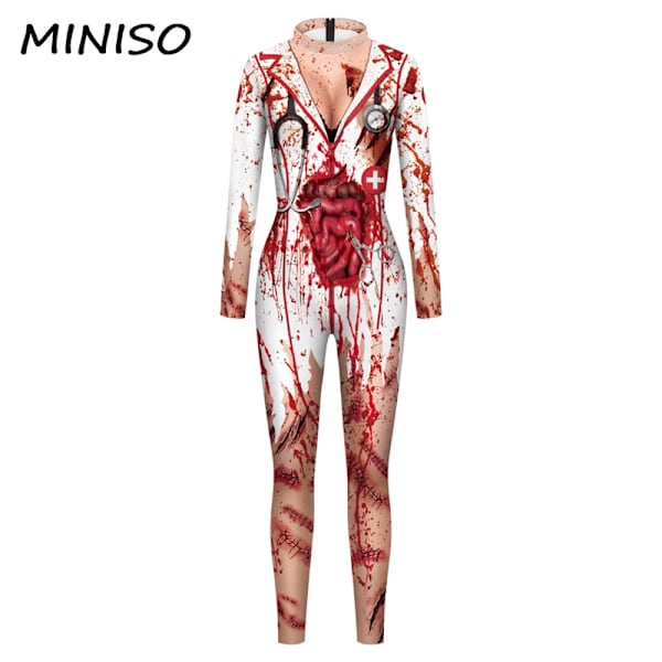 MINISO Halloween Cosplay Kostym för Kvinnor Läkare Sjuksköterska Skräck Blod Tryckt Overall Karneval Fest Zentai Bodysuits Klä Ut L nurse