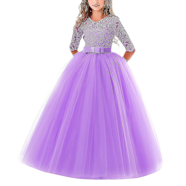 Blomsterflicka Spets Klänning för Barn Bröllop Brudtärna Pageant Party Bal Lila 130cm