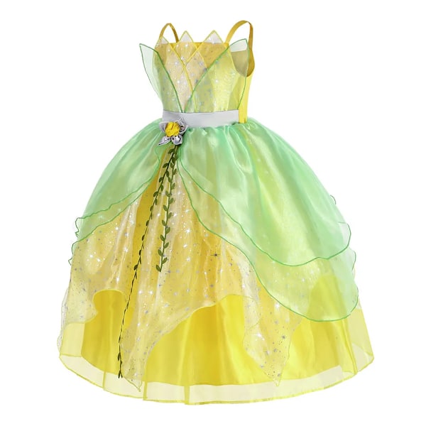 Klassisk flicka saga Tiana Cosplay kostym elegant prinsessa grön festklänning julbalklänning prinsessa och grodan Vestido 4pcs accessory 2T(100)